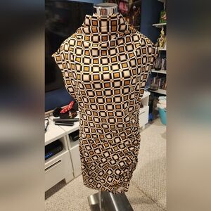 Geometric Patterned Dress in Black, White, and Gold